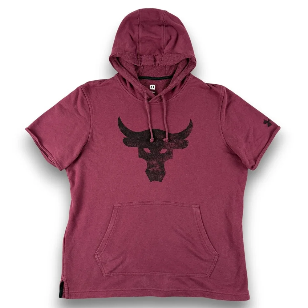 Under Armour Project Rock Hoodie Mens LG Maroon Burgundy‎ Short Sleeve Pocket